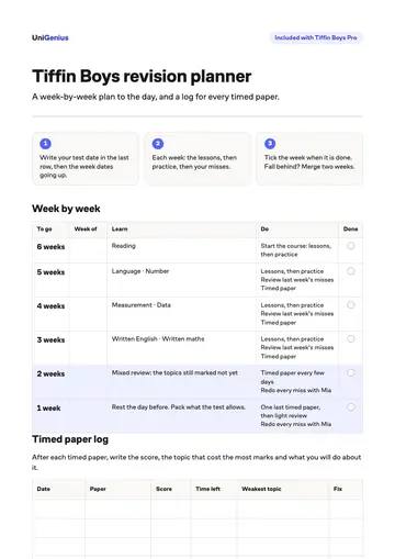 Page one of the Tiffin Boys revision planner